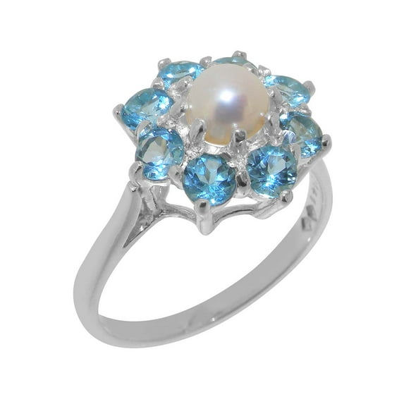 LBG British Made 14k White Gold Cultured Pearl & Blue Topaz Womens Engagement Ring - 33 size options - Size 8