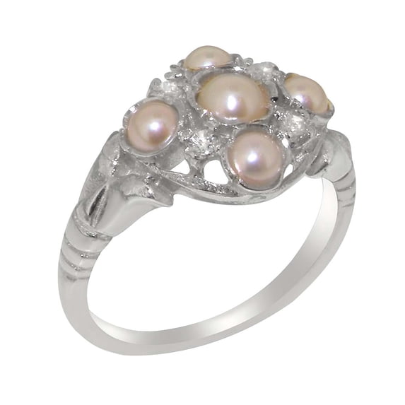 LBG British Made 14k White Gold Cultured Pearl & Cubic Zirconia Womens Promise Ring - 33 size options - Size 9.5