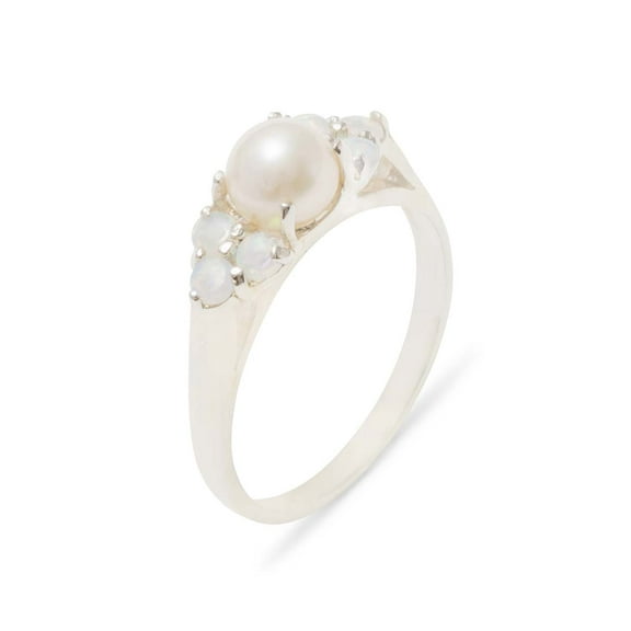 LBG British Made 14k White Gold Cultured Pearl & Opal Womens Cluster Ring - 33 size options - Size 9