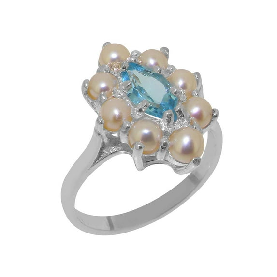 LBG British Made 14k White Gold Natural Blue Topaz & Cultured Pearl Womens Statement Ring - 33 size options - Size 8.75