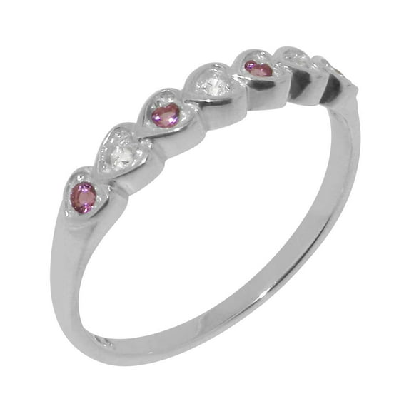 LBG British Made 14k White Gold Natural Diamond & Pink Tourmaline Womens Eternity Ring - 33 size options - Size 4.75