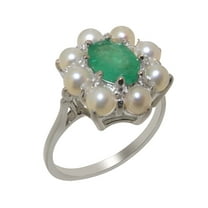 LBG British Made 14k White Gold Natural Emerald & Cultured Pearl Womens Statement Ring - 33 size options - Size 10