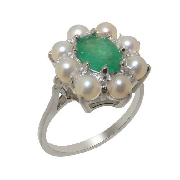 LBG British Made 14k White Gold Natural Emerald & Cultured Pearl Womens Statement Ring - 33 size options - Size 10