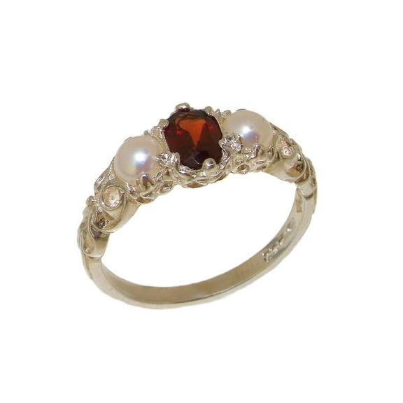 LBG British Made 14k White Gold Natural Garnet & Cultured Pearl Womens Trilogy Ring - 33 size options