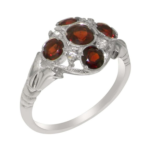 LBG British Made 14k White Gold Natural Garnet & Diamond Womens Statement Ring - 33 size options - Size 9