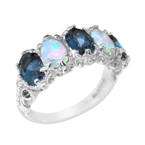 LBG British Made 14k White Gold Natural London Blue Topaz & Opal Womens Eternity Ring - 33 size options - Size 12