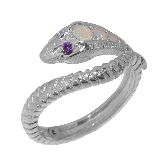 LBG British Made 14k White Gold Natural Opal & Amethyst Womens Anniversary Ring - 33 size options - Size 4.5