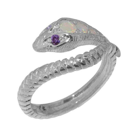 LBG British Made 14k White Gold Natural Opal & Amethyst Womens Engagement Ring - 33 size options - Size 4.75