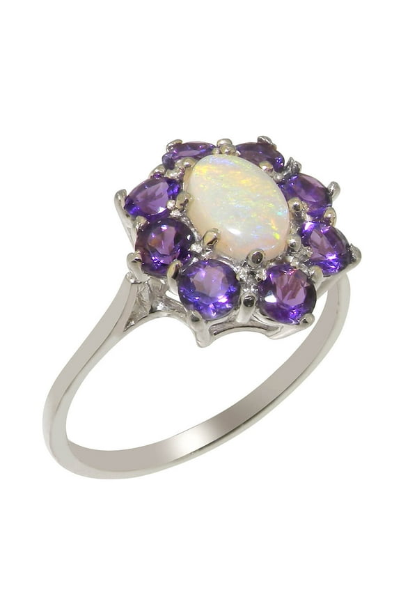 LBG British Made 14k White Gold Natural Opal & Amethyst Womens Engagement Ring - 33 size options - Size 8