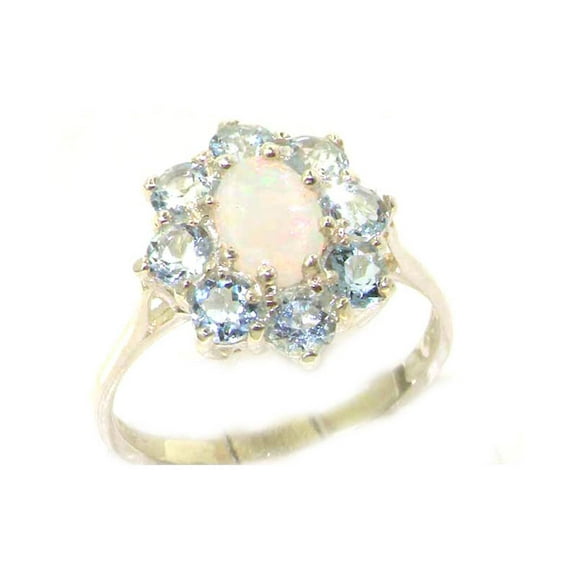 LBG British Made 14k White Gold Natural Opal & Aquamarine Womens Cluster Ring - 33 size options - Size 11.75