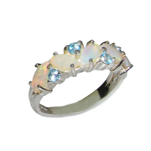 LBG British Made 14k White Gold Natural Opal & Blue Topaz Womens Eternity Ring - Size 9.25 - 33 size options