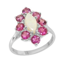 LBG British Made 14k White Gold Natural Opal & Pink Tourmaline Womens Statement Ring - 33 size options - Size 10
