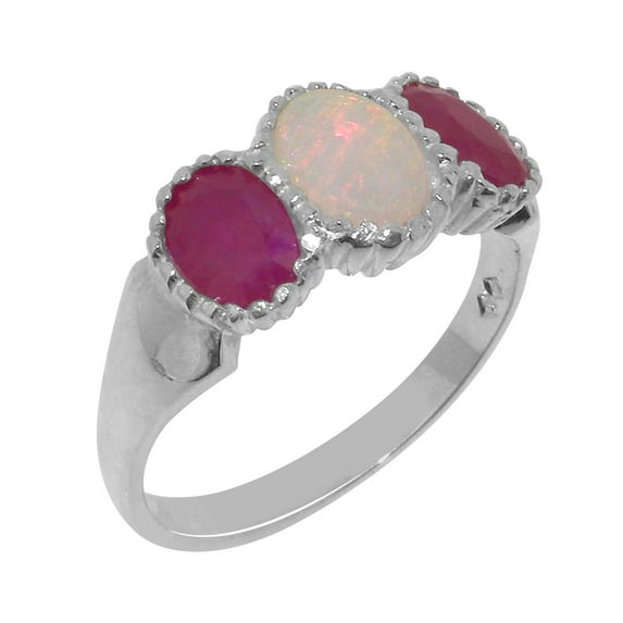 LBG British Made 14k White Gold Natural Opal & Ruby Womens Engagement Ring - 33 size options - Size 8.5