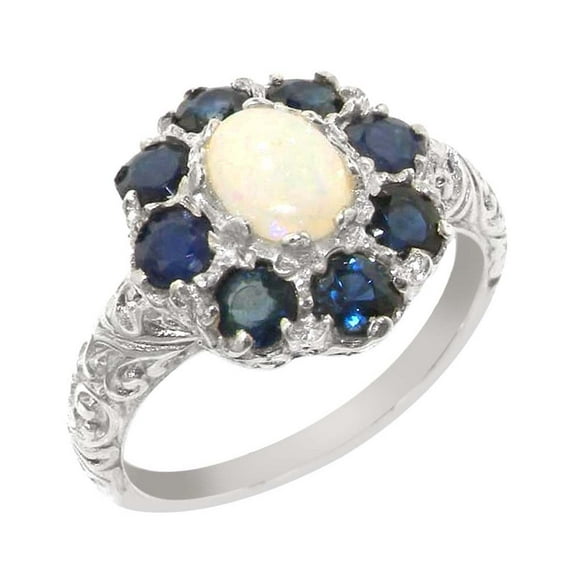 LBG British Made 14k White Gold Natural Opal & Sapphire Womens Promise Ring - 33 size options - Size 9.5