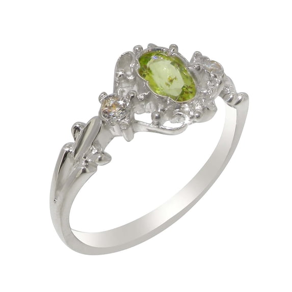 LBG British Made 14k White Gold Natural Peridot & Diamond Womens Trilogy Ring - 33 size options - Size 11.5