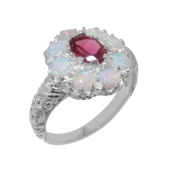 LBG British Made 14k White Gold Natural Pink Tourmaline & Opal Womens Statement Ring - 33 size options - Size 11.5