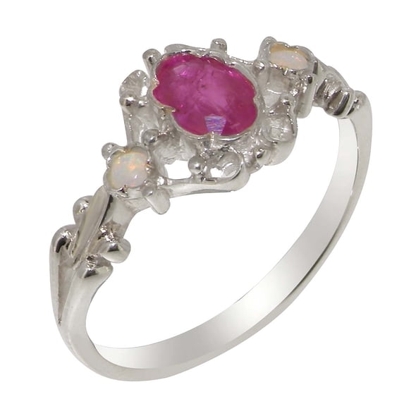 LBG British Made 14k White Gold Natural Ruby & Opal Womens Engagement Ring - 33 size options - Size 4.5