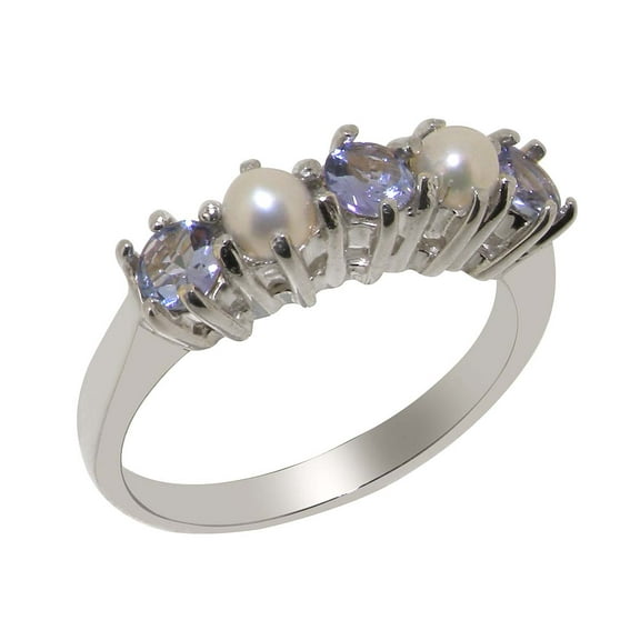 LBG British Made 14k White Gold Natural Tanzanite & Cultured Pearl Womens Promise Ring - 33 size options - Size 4.5