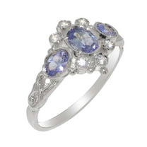LBG British Made 14k White Gold Natural Tanzanite & Diamond Womens Anniversary Ring - 33 size options - Size 10