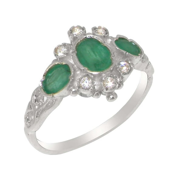 LBG British Made 14k White Gold Real Genuine Emerald & Cubic Zirconia Womens Promise Ring - 33 size options - Size 8.25