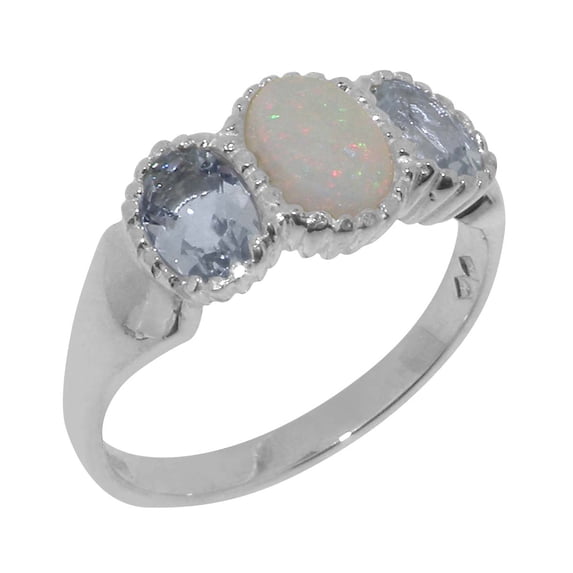LBG British Made 14k White Gold Real Genuine Opal & Aquamarine Womens Promise Ring - 33 size options - Size 8.25