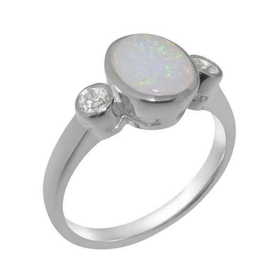 LBG British Made 14k White Gold Real Genuine Opal & Diamond Womens Promise Ring - 33 size options - Size 5.75