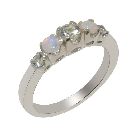 LBG British Made 14k White Gold Real Natural Aquamarine & Opal Womens band Ring - 33 size options - Size 8