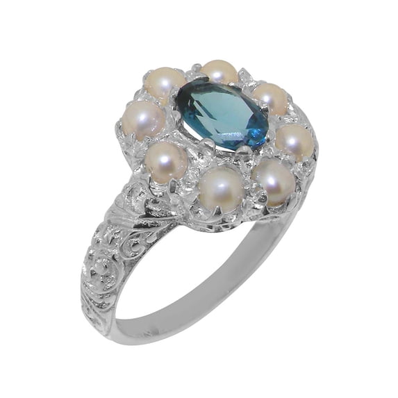 LBG British Made 14k White Gold Real Natural London Blue Topaz & Cultured Pearl Womens Engagement Ring - 33 size options - Size 8
