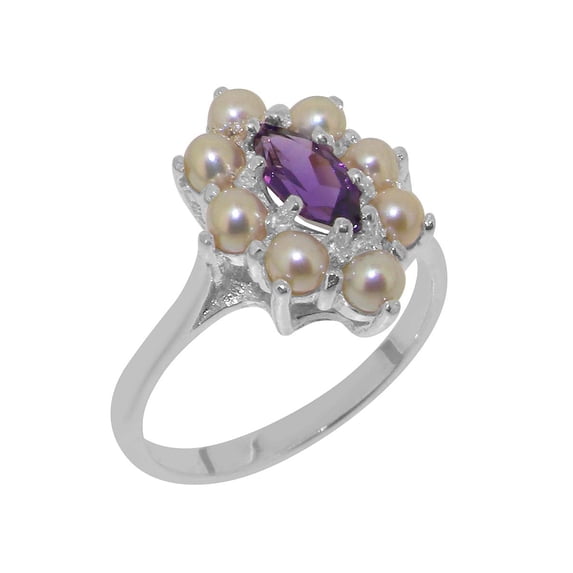 LBG British Made 14k White Gold Ring with Natural Amethyst & Cultured Pearl Womens Statement Ring - 33 size options - Size 4