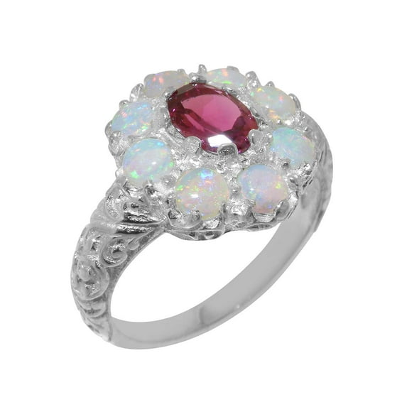 LBG British Made 14k White Gold Womens Ring Natural Pink Tourmaline & Opal Statement Ring - 33 size options - Size 7.5