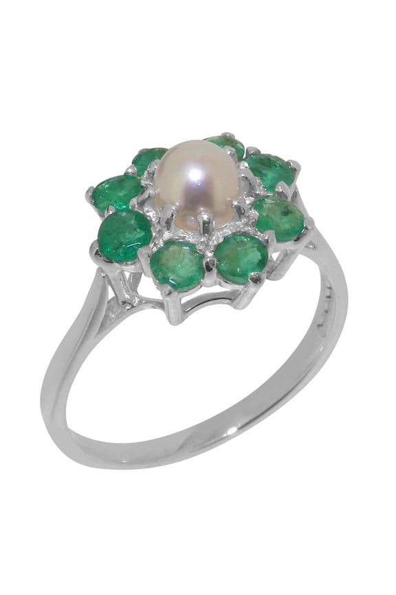 LBG British Made 14k White Gold ring with Cultured Pearl & Emerald Womens Statement Ring - 33 size options - Size 11.25