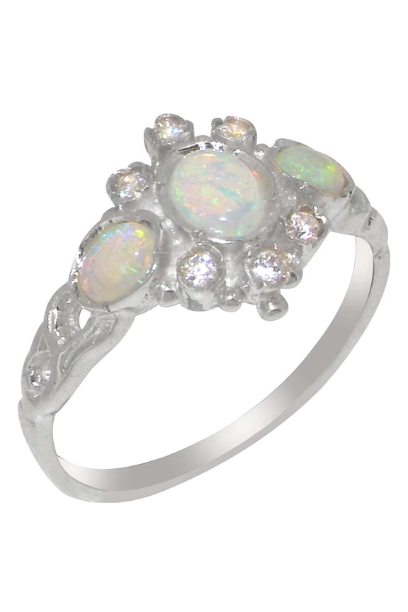 LBG British Made 14k White Gold ring with Natural Opal & Cubic Zirconia Womens Engagement Ring - 33 size options - Size 11
