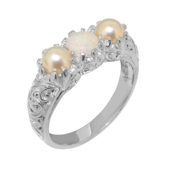 LBG British Made 14k White Gold ring with Natural Opal & Cultured Pearl Womens Engagement Ring - 33 size options - Size 9.75