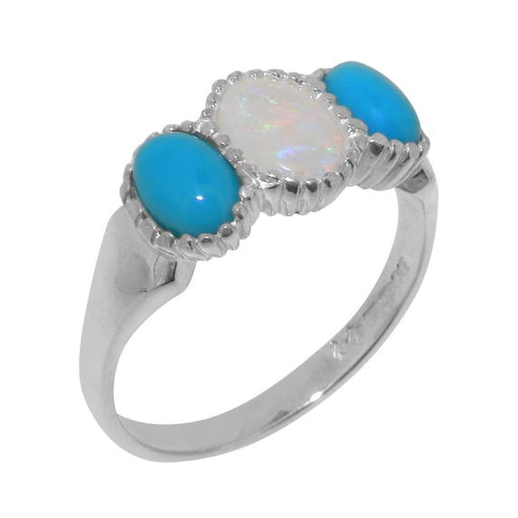 LBG British Made 14k White Gold ring with Natural Opal & Turquoise Womens Engagement Ring - 33 size options - Size 9.75