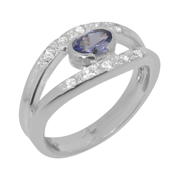 LBG British Made 14k White Gold ring with Natural Tanzanite & Cubic Zirconia Womens Band Ring - 33 size options - Size 11