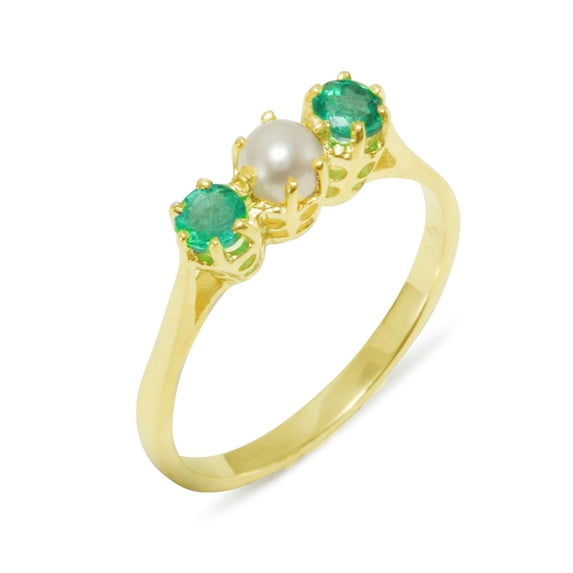 LBG British Made 14k Yellow Gold Cultured Pearl & Emerald Womens Anniversary Ring - 33 size options - Size 7.75