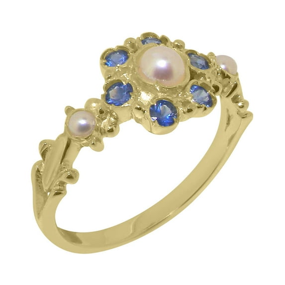 LBG British Made 14k Yellow Gold Cultured Pearl & Sapphire Womens Engagement Ring - 33 size options - Size 6