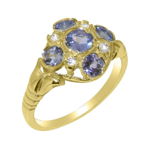 LBG British Made 14k Yellow Gold Genuine Natural Tanzanite & Diamond Womens Anniversary Ring - 33 size options - Size 5.5