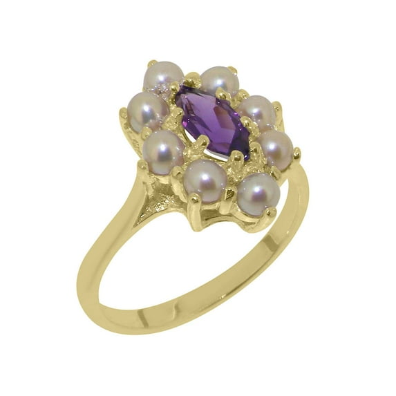 LBG British Made 14k Yellow Gold Natural Amethyst & Cultured Pearl Womens Engagement Ring - 33 size options - Size 4.75