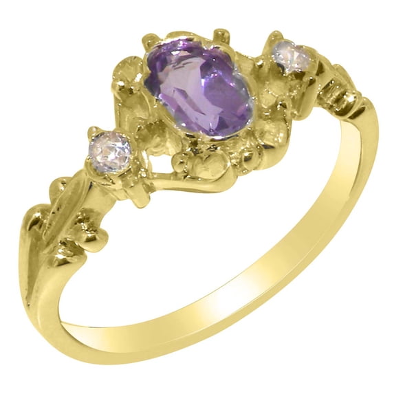 LBG British Made 14k Yellow Gold Natural Amethyst & Diamond Womens Statement Ring - 33 size options - Size 9.25