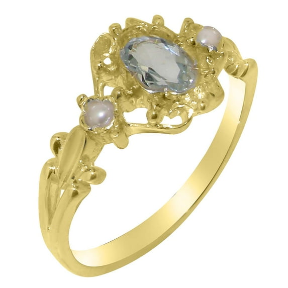 LBG British Made 14k Yellow Gold Natural Aquamarine & Cultured Pearl Womens Engagement Ring - 33 size options - Size 6
