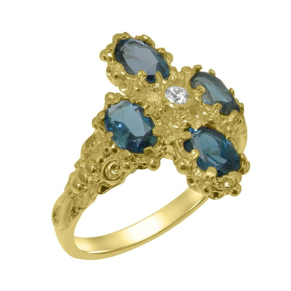 LBG British Made 14k Yellow Gold Natural Diamond & London Blue Topaz Womens Statement Ring - 33 size options - Size 7.25