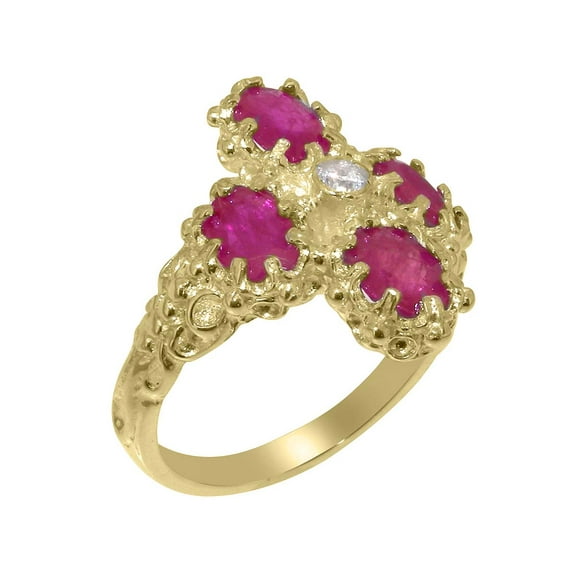 LBG British Made 14k Yellow Gold Natural Diamond & Ruby Womens Statement Ring - 33 size options - Size 7.5