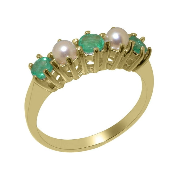 LBG British Made 14k Yellow Gold Natural Emerald & Cultured Pearl Womens Anniversary Ring - 33 size options - Size 8.5
