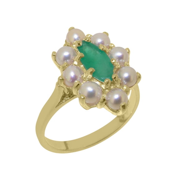 LBG British Made 14k Yellow Gold Natural Emerald & Cultured Pearl Womens Statement Ring - 33 size options - Size 10.75