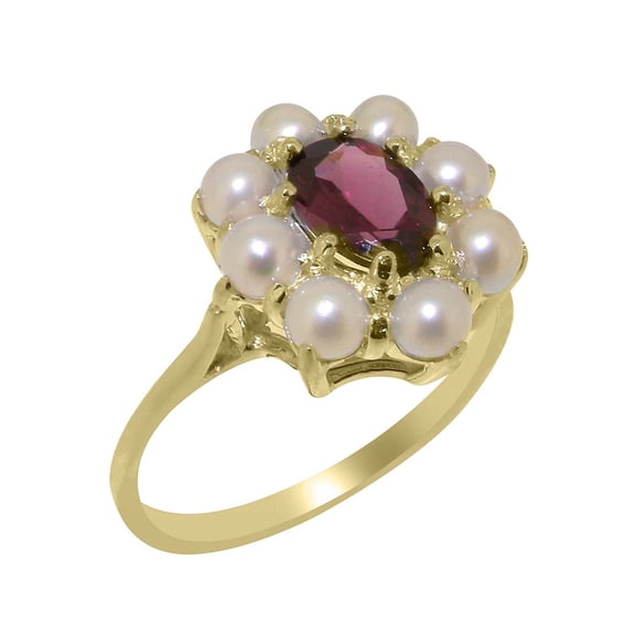 LBG British Made 14k Yellow Gold Natural Garnet & Cultured Pearl Womens Anniversary Ring - 33 size options - Size 5.5