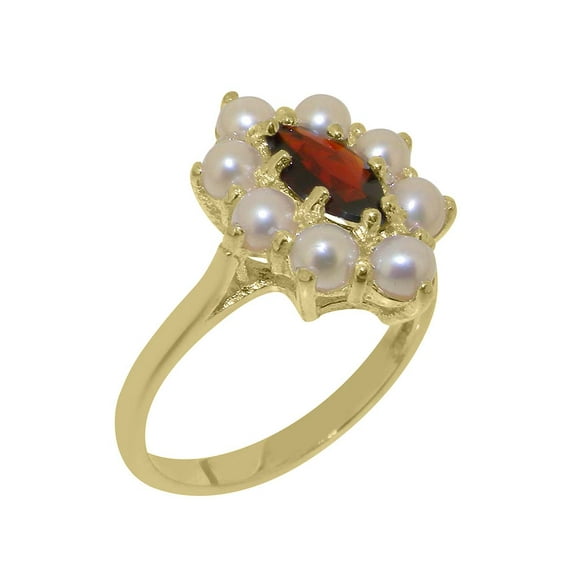 LBG British Made 14k Yellow Gold Natural Garnet & Cultured Pearl Womens Statement Ring - 33 size options - Size 10