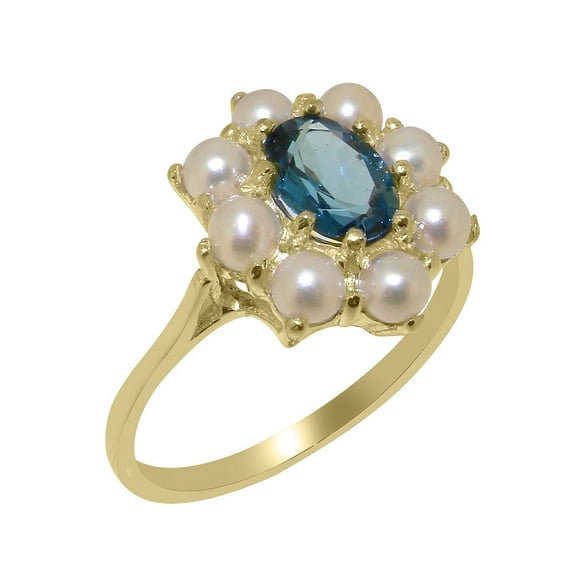 LBG British Made 14k Yellow Gold Natural London Blue Topaz & Cultured Pearl Womens Engagement Ring - 33 size options - Size 4.75
