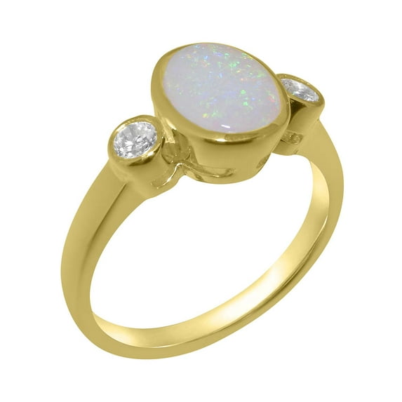 LBG British Made 14k Yellow Gold Natural Opal & Cubic Zirconia Womens Promise Ring - 33 size options - Size 9.5