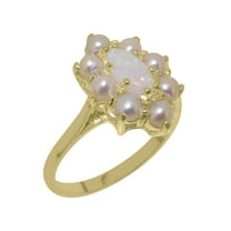 LBG British Made 14k Yellow Gold Natural Opal & Cultured Pearl Womens Promise Ring - 33 size options - Size 4.5